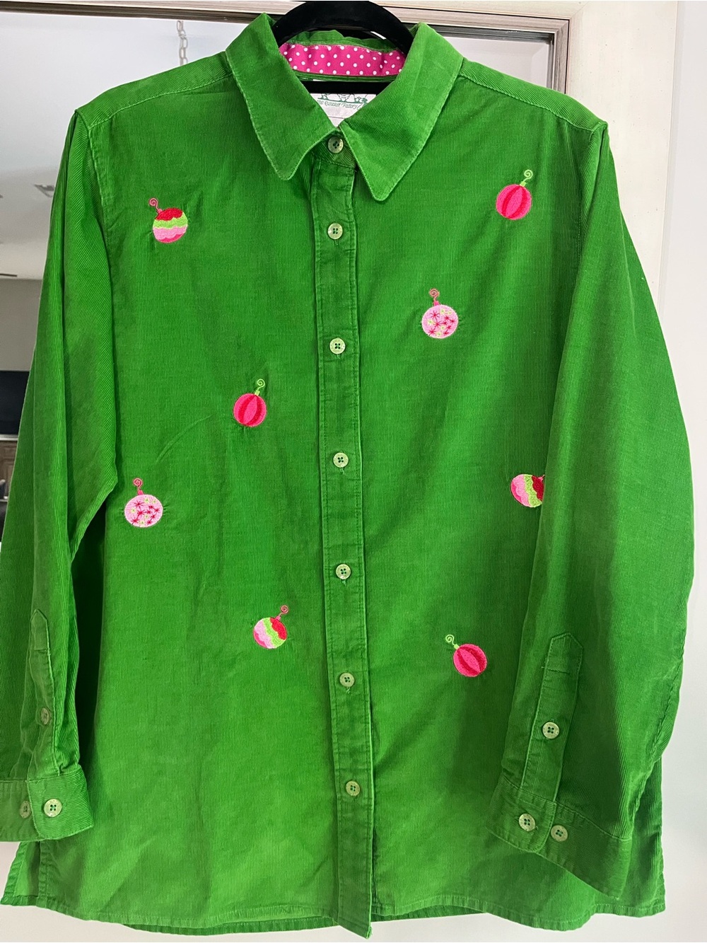 Quacker Factory Vintage Green Corduroy Button-Down Shirt Pink Embroidery Small
